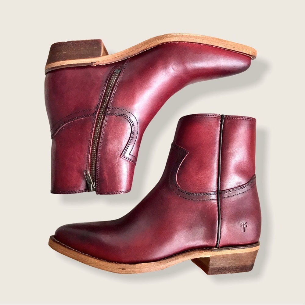 Frye Billy Burgundy Leather Zip Short Ankle Boots - Picture 7 of 16